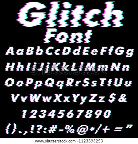 Glitch Style Alphabet Set on Black Background.  Vector Glitched Font Set.