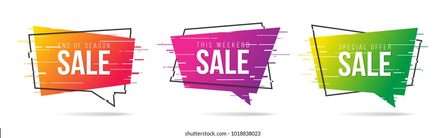 Glitch style distorted sliced speech bubble shaped promotion banners, price tags, stickers, badges. Vector illustration.