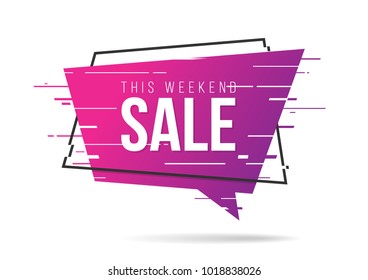 Glitch style distorted sliced speech bubble shaped promotion banner, price tag, sticker, badge. Vector illustration.