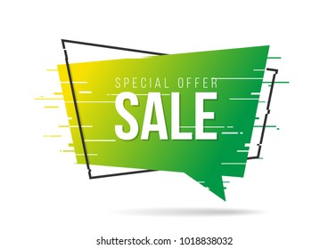 Glitch style distorted sliced speech bubble shaped promotion banner, price tag, sticker, badge. Vector illustration.