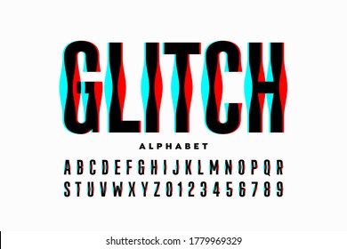 Glitch style font, alphabet and numbers vector illustration