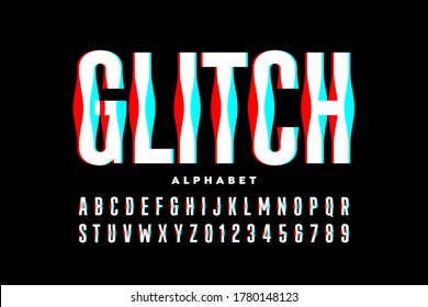 Glitch style font, alphabet and numbers vector illustration