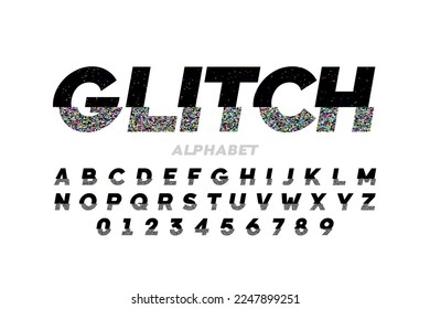 Glitch style font, alphabet and numbers vector illustration