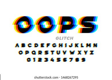 Glitch style font design, distorted alphabet, letters and numbers vector illustration
