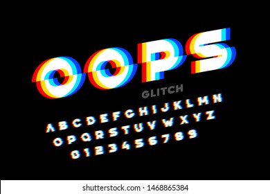 Glitch style font design, distorted alphabet, letters and numbers vector illustration
