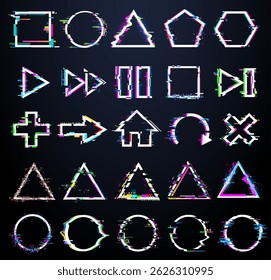 Geometrische Symbole im Glitzerstil, einschließlich Formen, Pfeile, Medienknöpfe und Symbole mit RGB-Rauschen und -Verzerrung. Cyberpunk futuristisches digitales UI-Design. Vektorgrafik.