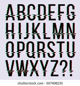 Glitch Style, Old Television Screen Distortion Effect English Vector Type, Font, Typeface Letters. Alphabet With Noise On Screen Illustration