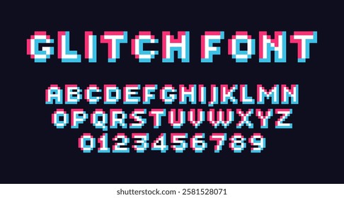 Glitch style pixel font displaying letters A-Z and numbers 0-9 in a retro, 8 bit gaming style. The font has a pixelated, monochrome look on a neutral dark blue background. Font design for video games