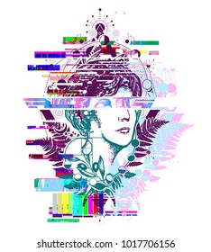 Tatuaje de Glitch. Aphrodite, la diosa mágica. Ciencia y educación. Símbolo de la onda de vapor, música de onda retro, arte de glitch