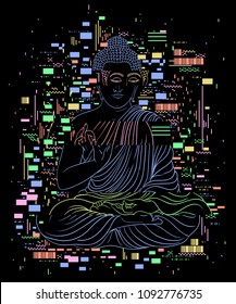 Glitch tattoo.Portrait of Buddha and pixel noise. Concept design for banner, card, t-shirt, print, poster.Vector illlustration