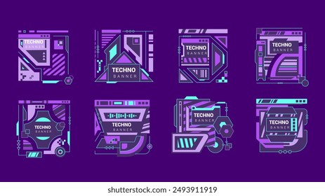 Glitch tech banners. Stylish abstract video frame designs featuring purple and blue hues with a technological theme