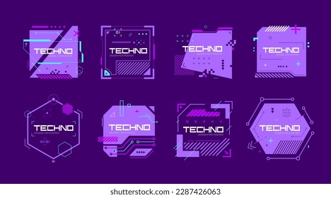 Glitch tech banners, technology abstract corrupted frames in cyberpunk style. Vector sci-fi text boxes with glitched effect in purple colors. Futuristic hi-tech badges for digital products promotion