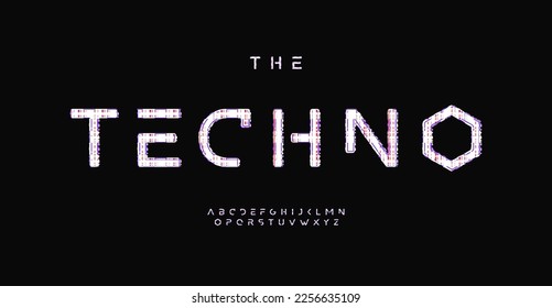 Glitch techno alphabet, digital distorted letters, display error font for futuristic logo, cinematic style headline, loss connect graphic effect typography. Vector typographic design.