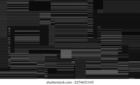 Glitch Television Digital Lines Black and White Background. Glitched Lines Noise Overlay Texture. No Signal. Retro Abstract Sci-Fi Hud Glitch Effect Design. Vector Illustration.