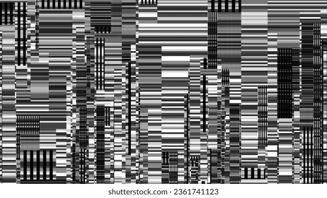 Glitch Television Digital Lines Black and White Background. Glitched Lines Noise Overlay Texture. No Signal. Retro Abstract Sci-Fi Hud Glitch Effect Design. Vector Illustration.