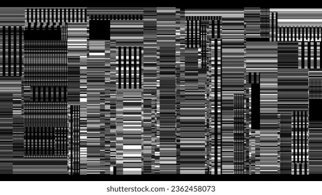 Glitch Television Digital Lines Black and White Background. Glitched Lines Noise Overlay Texture. No Signal. Retro Abstract Sci-Fi Hud Glitch Effect Design. Vector Illustration.