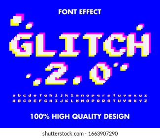glitch text effect. 3 color white yellow and pink. full set alphabet. for headline, title game and sticker. premium vector
