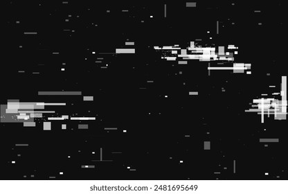 Glitch texture. Abstract white shapes and pixels. Distorted video signal. Modern digital noise. Overlay geometric elements on dark backdrop. Broken data visualization. Vector illustration.