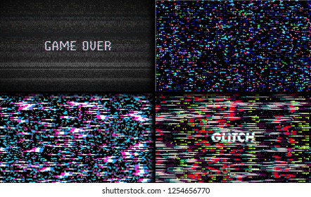 Glitch Texture pixel noise. Test TV Screen Digital VHS Background. Set of Error Computer Video. Abstract black Damage.