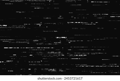 Glitch texture. Random stripes on dark background. Abstract white pixels. No signal template. Distorted video with noise effect. Error visualization. Vector illustration.