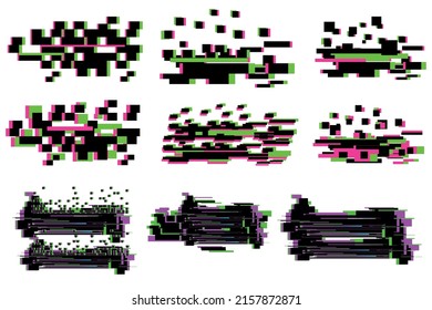 Glitch Textures Vector Set Of Digital Pixel Noise, Tv Screen And Television Static Error, VHS Video Distortion, Computer Code Failure, No Signal Effect. Interference Color Glitched Pixel Mosaic Design