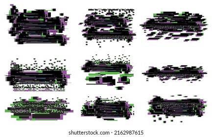 Glitch textures vector set of digital pixel noise, tv screen and television static error, VHS video distortion, computer code failure, no signal effect. Interference color glitched pixel mosaic design