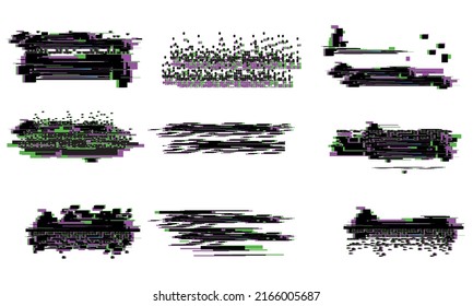 Glitch textures vector set of digital pixel noise, tv screen and television static error, VHS video distortion, computer code failure, no signal effect. Interference color glitched pixel mosaic design