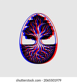 Glitch tree and roots in an egg.
Vector emblem.