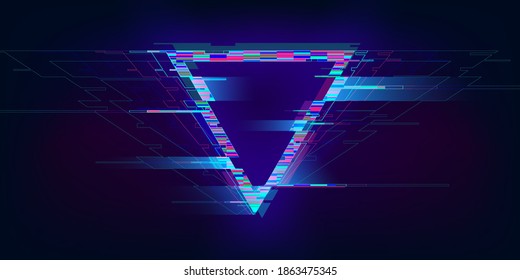 Glitch triangle. Distorted glowing triangle cyberpunk style. Futuristic geometry shape with TV interference effect. Design for promo music events, games, web, banners, backgrounds. Vector