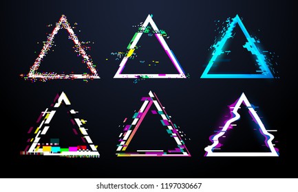 Glitch triangle frame. Distorted tv screen, flaw light bug effects on defect glitched triangles.