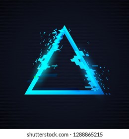 Glitch triangle frame. Tv distorted signal. Distortion glitched triangle, bug flaw digital hitch screen. Destruction broken distorted lag retro vector illustration