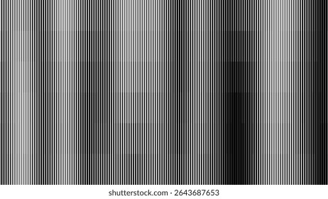 Glitch TV Stripes Screen. Random Width Lines Glitch Overlay Texture. Retro Vintage TV Signal Error Aesthetics. Line Halftone Gradation Effect Pattern. Abstract Lines Vector Illustration.