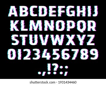 Glitch Type Font, Glowing Vector Alphabet Letters, Ripple Digits And Punctuation Marks Isolated On Black Background. Distorted Glitched Effect Glow Abc Uppercase Characters, Retro Style Signs Set