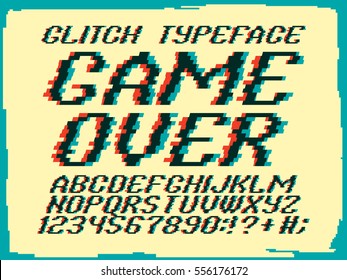 Glitch typeface Game Over. Glitched font and numbers set. 