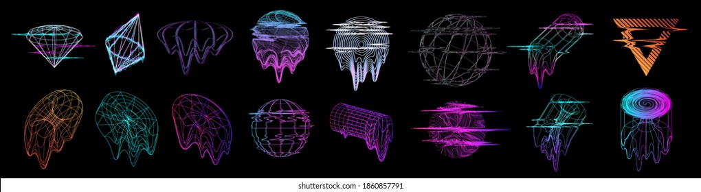 Glitch universal trendy shapes collection in Retrofuturism style. Abstract objects and forms with glitch - liquid and defect effect. Trendy bag shapes cyberpunk, Vaporwave memphis. Vector elements set