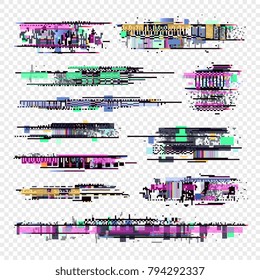 Glitch vector elements. Glitched computer screen digital noise collection. Illustration of glitch defect noise