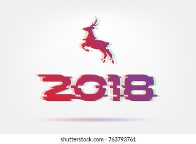 Glitch vector illustration, 2018 Happy New Year on white background with christmas deer. Text design with gradients