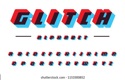 Glitch vector latin alphabet. Speed moving bold italic font. Applique letters, color offset effect. Futuristic technology abc signs. Sport logo template set. Glitch effect monogram collection