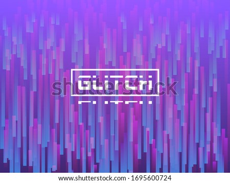 Glitch vertical lines. Purple distortion texture. Dynamic glitch with falling violet stripes. Abstract 3d composition with random elements. Gradient movement. Vector illustration.