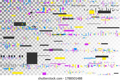 Glitch vhs background on transparent backdrop. Color distortions template. Abstract digital noise. Video no signal error. Glitched shapes and elements. Vector illustration.