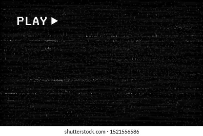 Glitch VHS effect. Old camera template. White horizontal lines on black background. Video rewind texture. No signal concept. Random abstract distortions. Vector illustration.