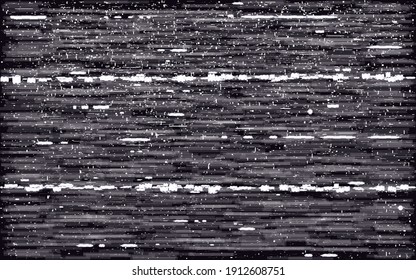 Glitch VHS effect. White horizontal distortions. Retro video with white and black noise. Analog video shapes concept. Old tape template. Vector illustration.