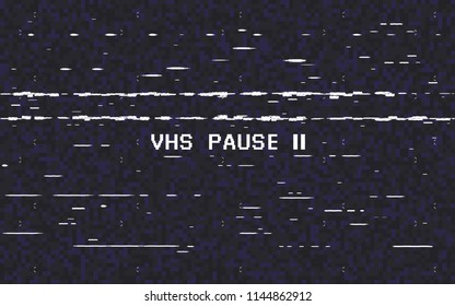 Glitch VHS On Black Background. Old Tape Effect. Glitched Lines Noise. Video Recorder Pause. Retro Backdrop. Vector Illustration.