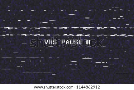 Glitch VHS on black background. Old tape effect. Glitched lines noise. Video recorder pause. Retro backdrop. Vector illustration.