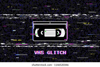 Glitch video cassette. Abstract white horizontal distortions. VHS concept. Glitched lines noise. Retro background. 80s and 90s design. Vector illustration.