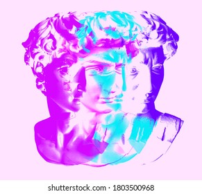 Glitched 3D head with pixel artifacts. Print for cover, t-shirt and poster in vaporwave and retrowave aesthetics from the 80s.