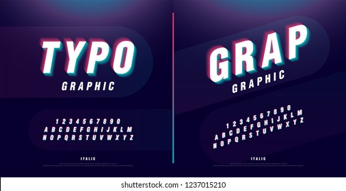 Glitched alphabet font design. headline, typeface, logo, italic fonts letters and numbers. typography technology design concept