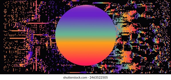 Glitched background with holographic random pixel noise and circle with neon gradient. Conceptual illustration of a technological bug and a error in the system.