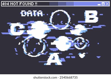 Glitched Blue Leak 404 Not Found Dialog with Distorted Circles and Text, Futuristic Pixel art Ilustration