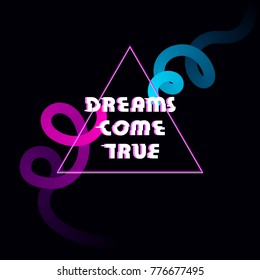 Glitched broken text dreams come true in triangle frame. Distorted hack glitch style technology trend background. Pink and blue transparent neon spiral glow.